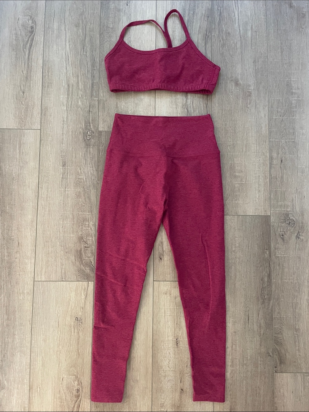 NWOT Beyond Yoga Burgundy High-Waist Leggings with Matching Sports Bra